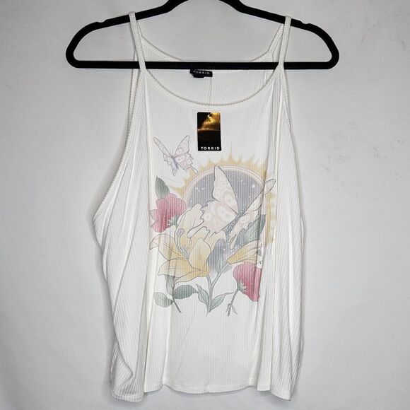 5X 28W Torrid White Floral Butterfly Everyday Rib Goddess Neck Crop Tank Tattoo - Picture 2 of 6